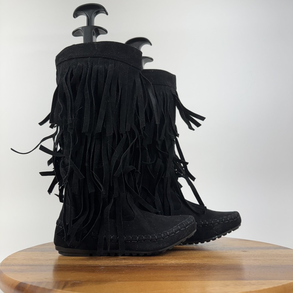 New Big Kids Krazy Kicks Fringy Black Faux Leather Moccasin Boots Size 2 Y NWOB